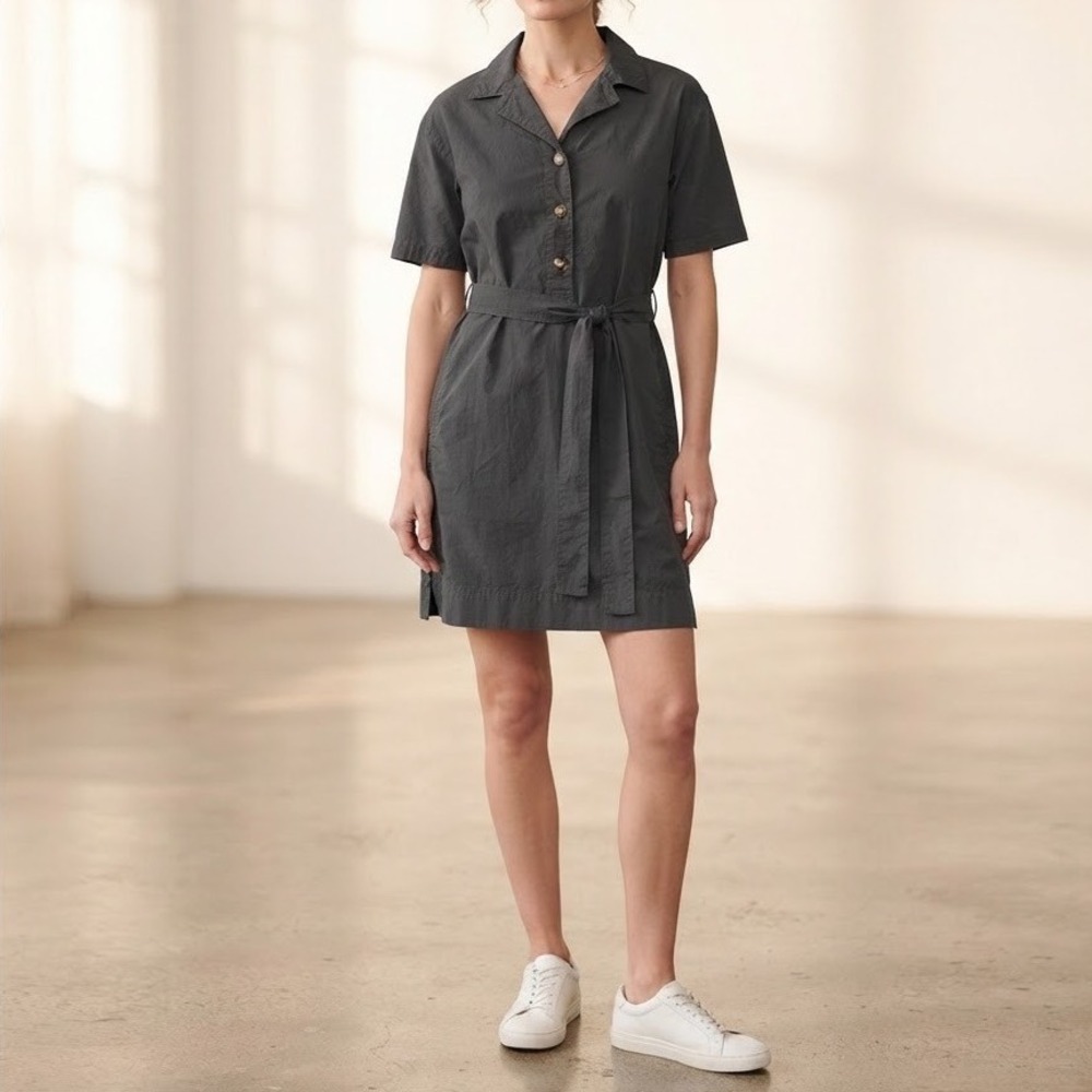 8 Seconds Shirt Dress Womens Gray Short Sleeve Belted Utility Cotton Blend M